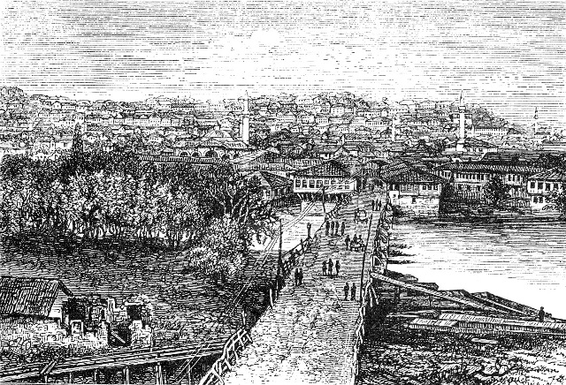 Старият мост в Пловдив, английска гравюра от 1876 г.